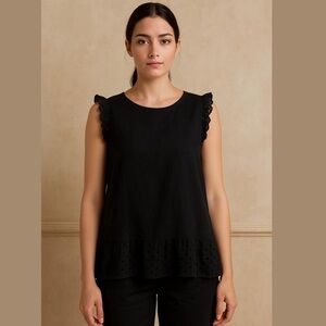 Lungo L’Arno European linen Sleeveless top blouse tunic Black Eyelet hem Sz XL